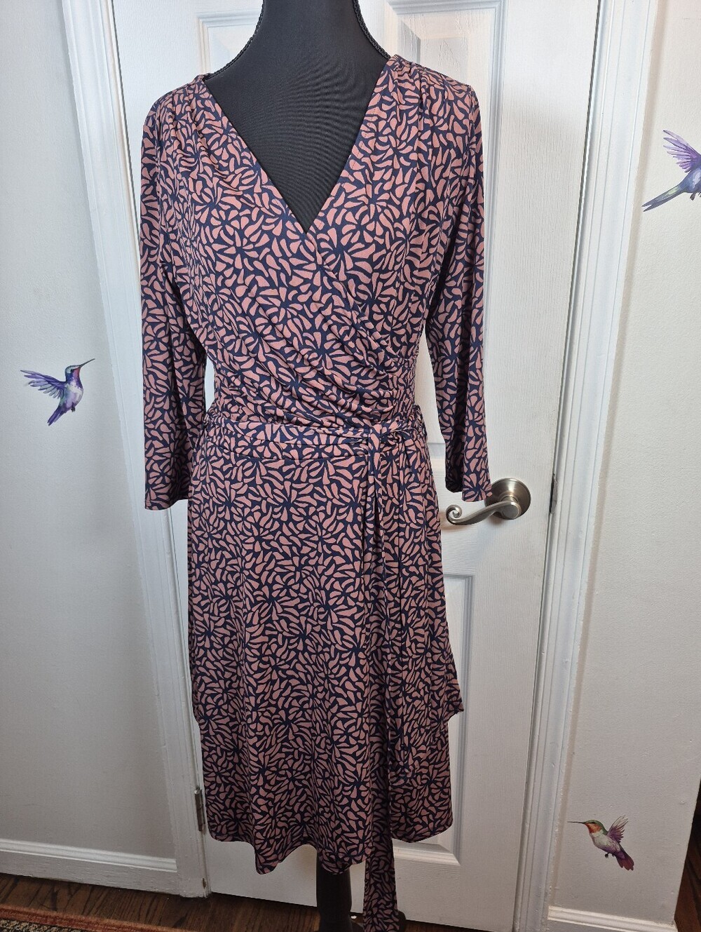 41 Hawthorn Wrap Dress Long Sleeve Navy Blush Abstract Office Corporate Chic L